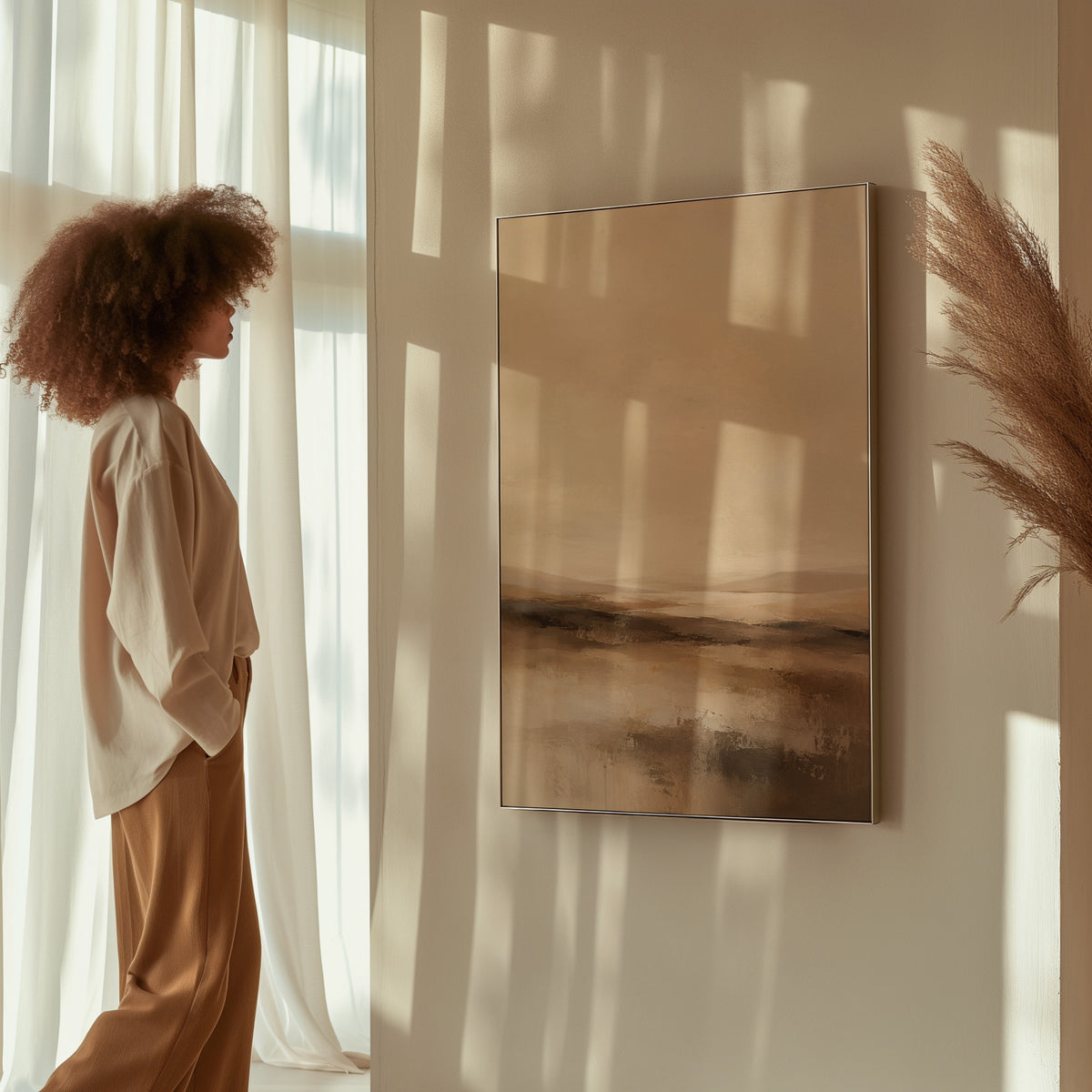 Minimalist canvas wall art showing abstract neutral landscape with a pale sky and layered bands of brown and cream