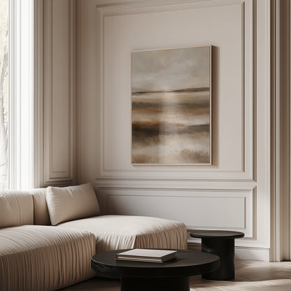 Calm canvas wall art showing abstract marshland in horizontal bands of warm brown ochre and cream