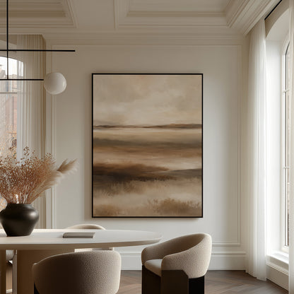 Modern canvas wall art showing abstract marshland in horizontal bands of warm brown ochre and cream