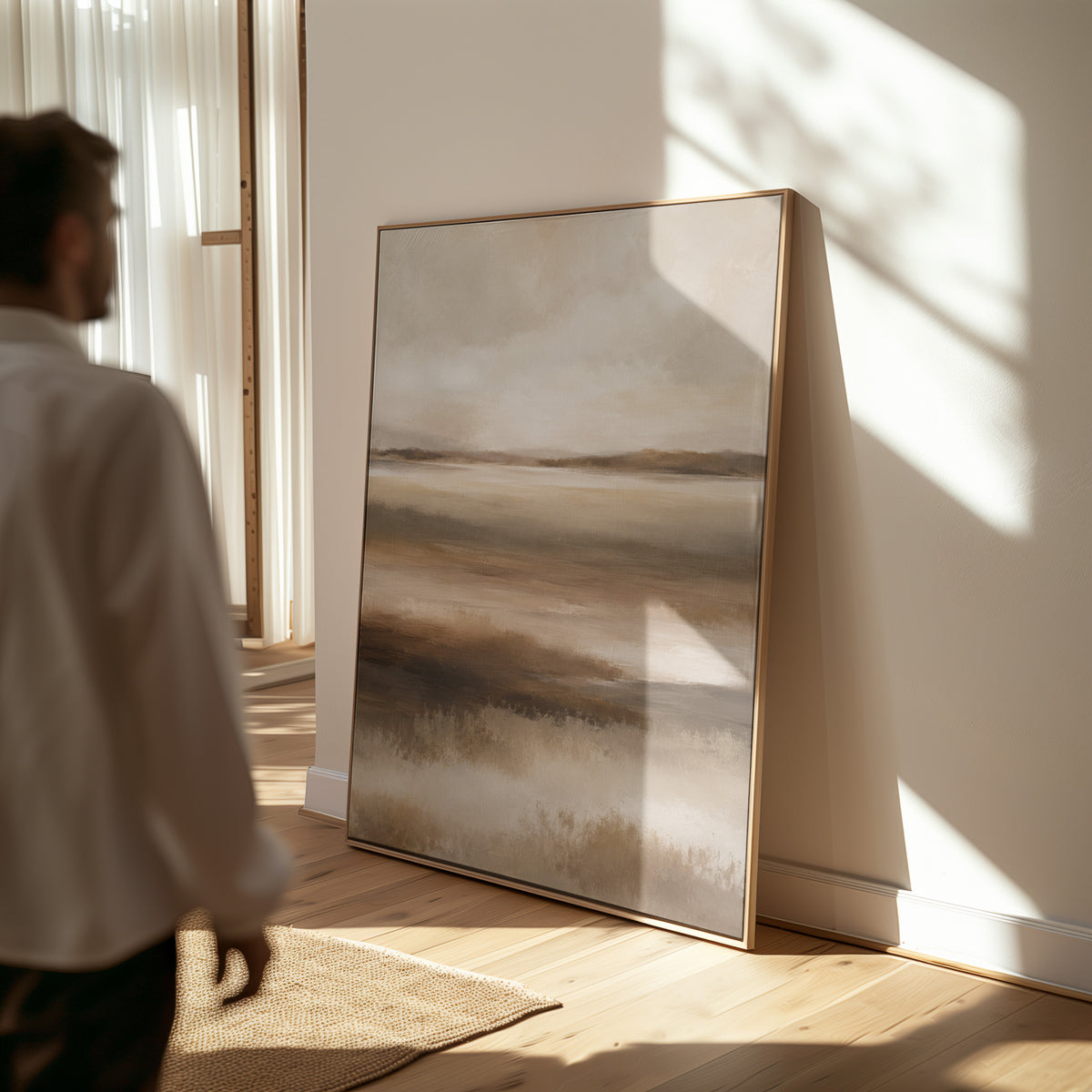 Organic neutrals canvas wall art showing abstract marshland in horizontal bands of warm brown ochre and cream