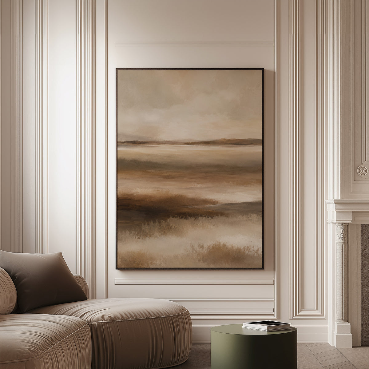Abstract marshland in horizontal bands of warm brown ochre and cream, canvas art print