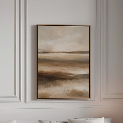 Abstract marshland in horizontal bands of warm brown ochre and cream, canvas wall art