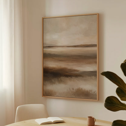 Neutral canvas wall art showing abstract marshland in horizontal bands of warm brown ochre and cream