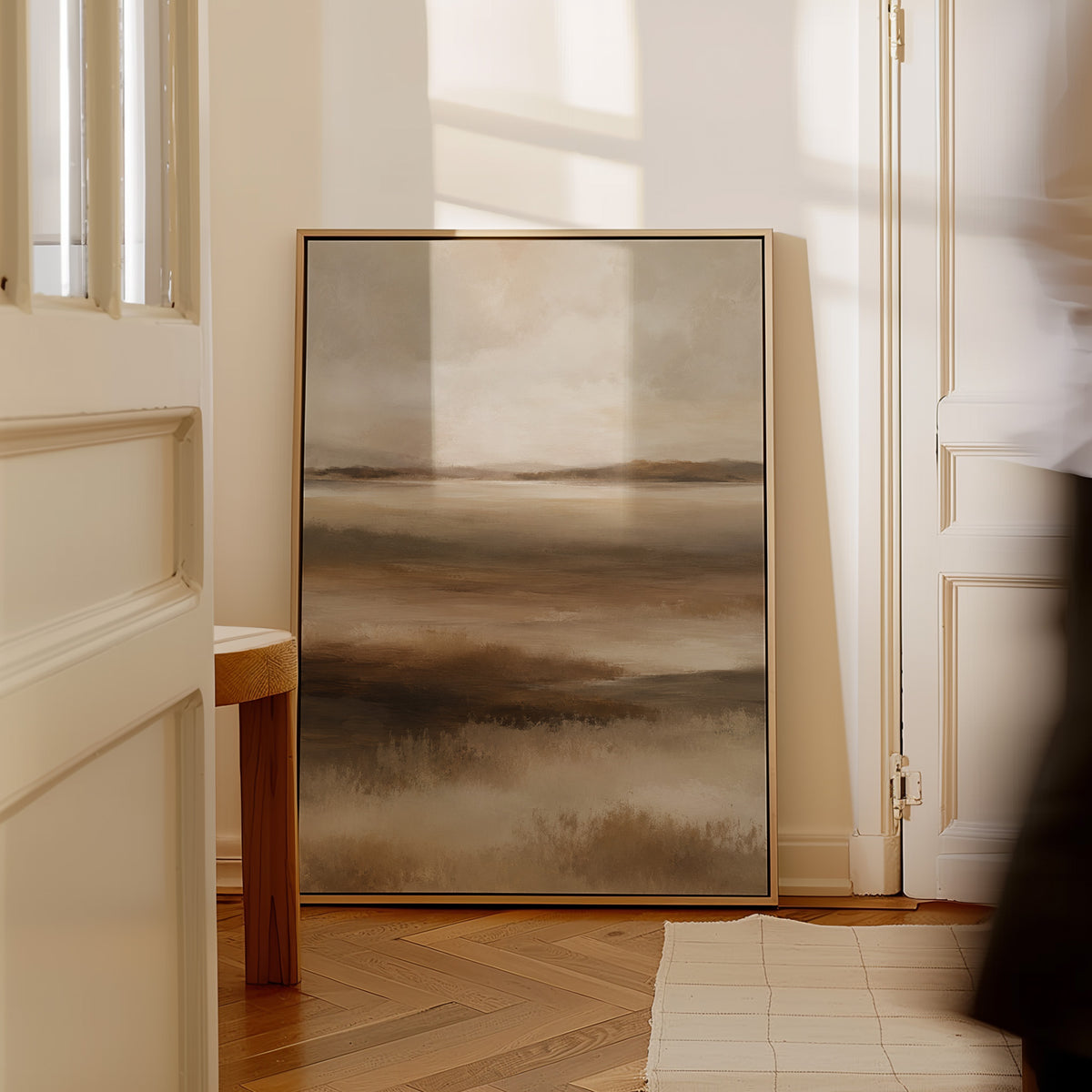 Earth tone canvas wall art showing abstract marshland in horizontal bands of warm brown ochre and cream
