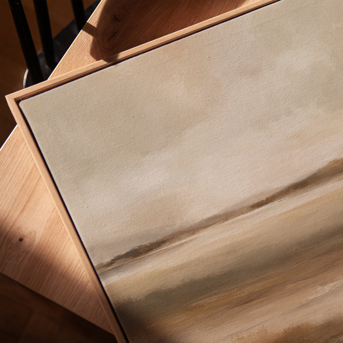 Abstract marshland in horizontal bands of warm brown ochre and cream, vertical canvas print
