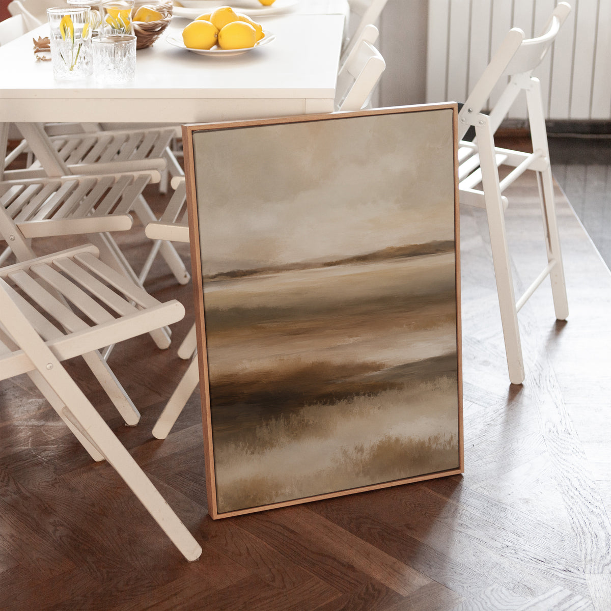 Brown canvas wall art showing abstract marshland in horizontal bands of warm brown ochre and cream