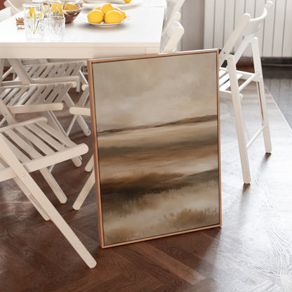 Brown canvas wall art showing abstract marshland in horizontal bands of warm brown ochre and cream