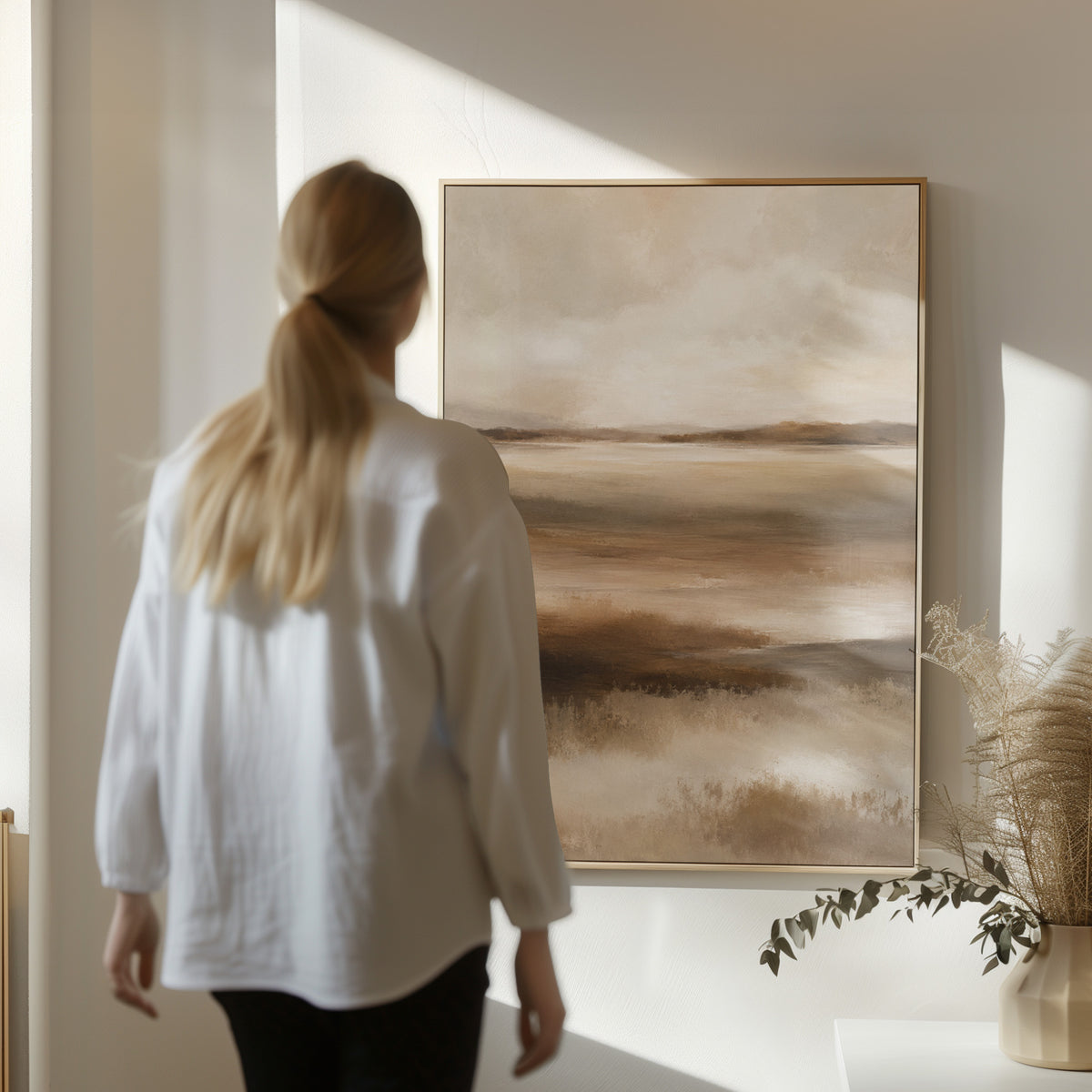 Abstract marshland in horizontal bands of warm brown ochre and cream, wall art print
