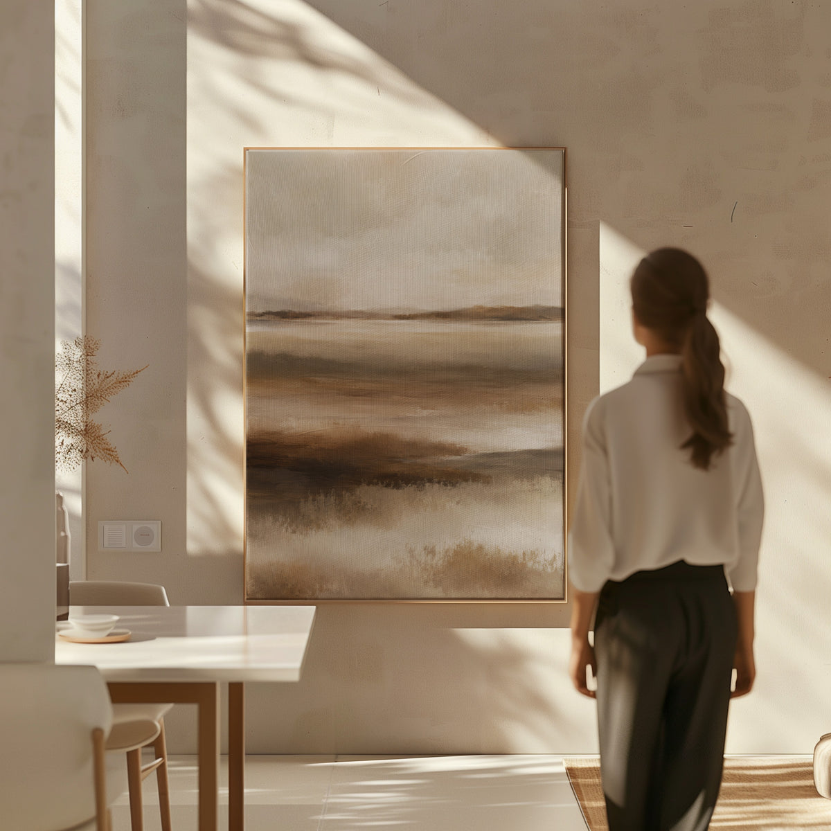 Organic canvas wall art showing abstract marshland in horizontal bands of warm brown ochre and cream