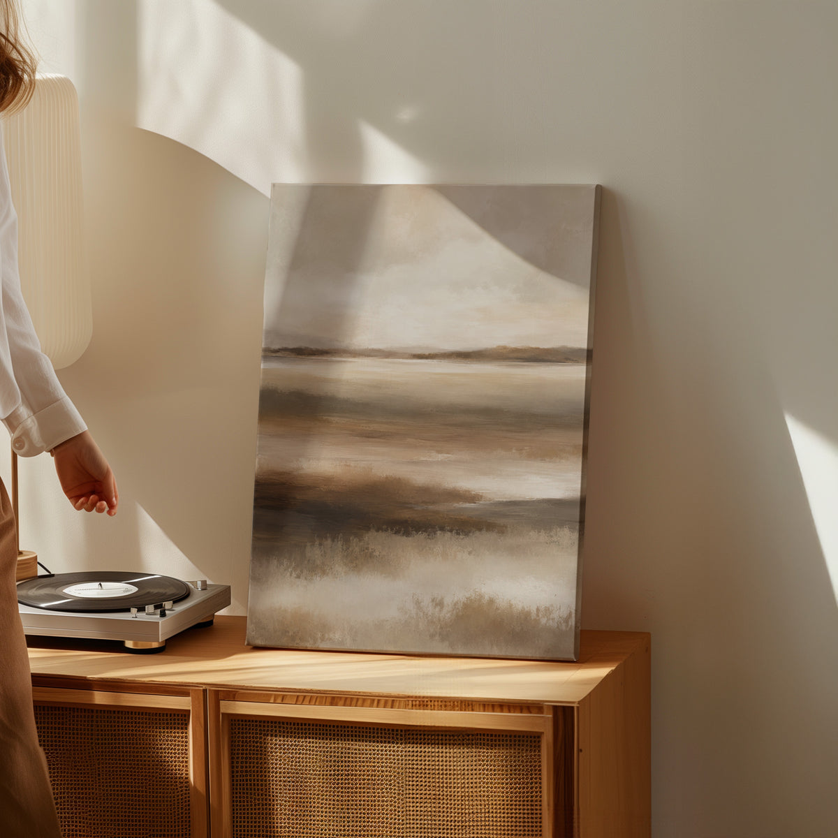 Minimalist canvas wall art showing abstract marshland in horizontal bands of warm brown ochre and cream