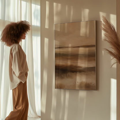 Abstract marshland in horizontal bands of warm brown ochre and cream, canvas print