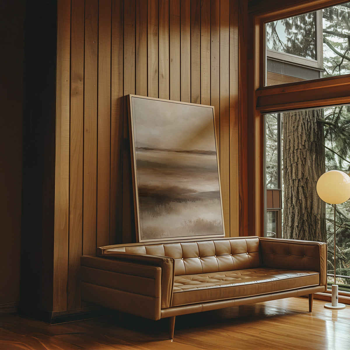 Marshland canvas wall art showing abstract marshland in horizontal bands of warm brown ochre and cream