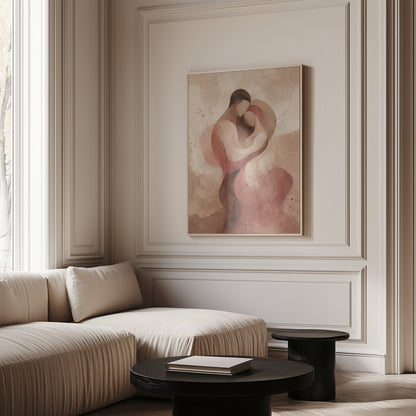 Abstract embracing couple in blush and terracotta with fine looping lines, canvas art print
