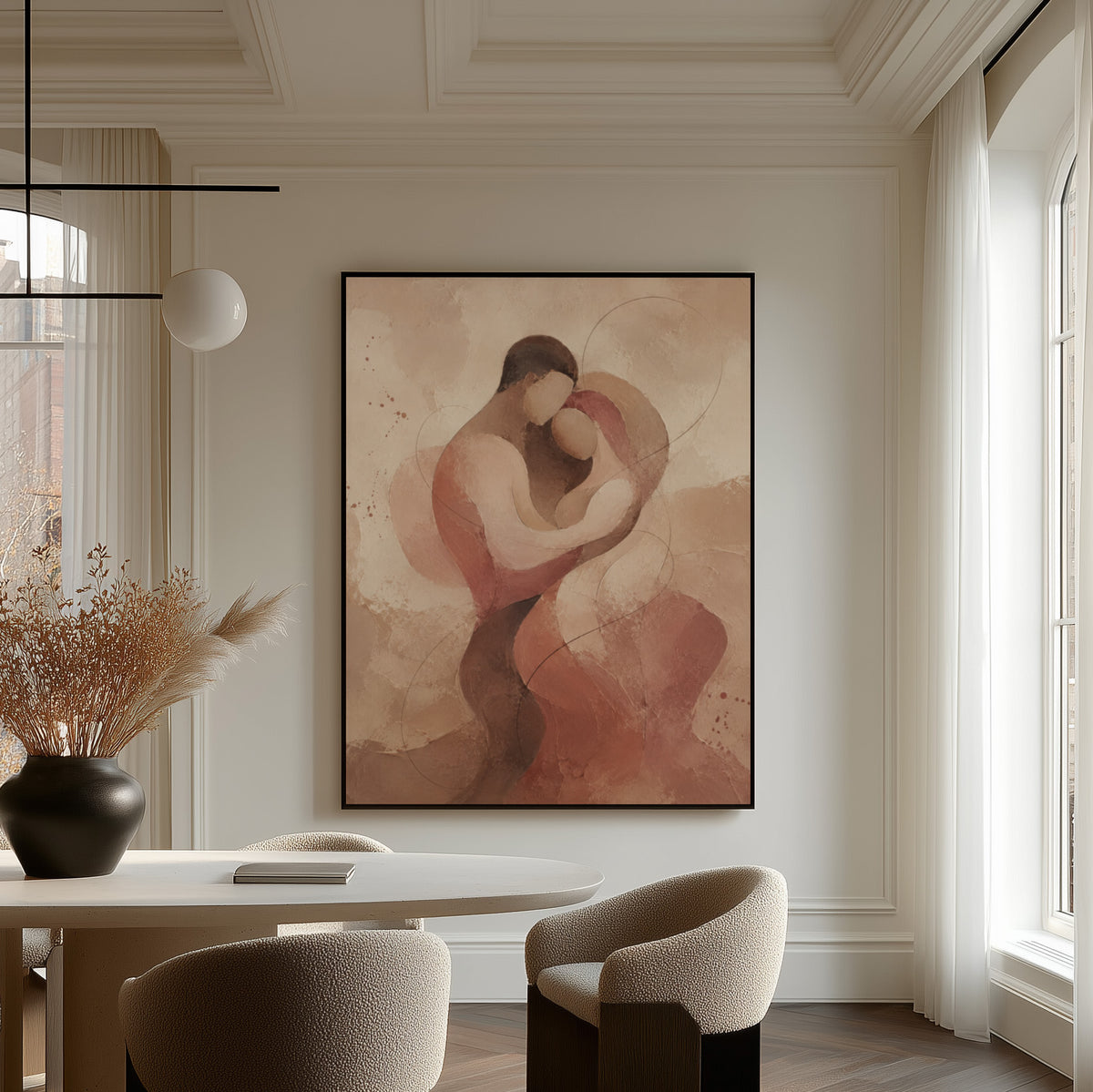 Figurative canvas wall art showing abstract embracing couple in blush and terracotta with fine looping lines
