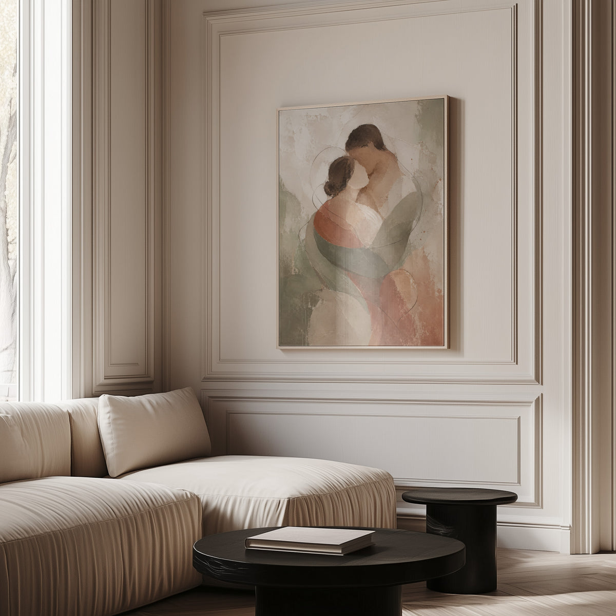 Neutral canvas wall art showing abstract embracing couple in sage green and rust on a pale ground