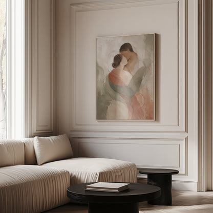 Neutral canvas wall art showing abstract embracing couple in sage green and rust on a pale ground