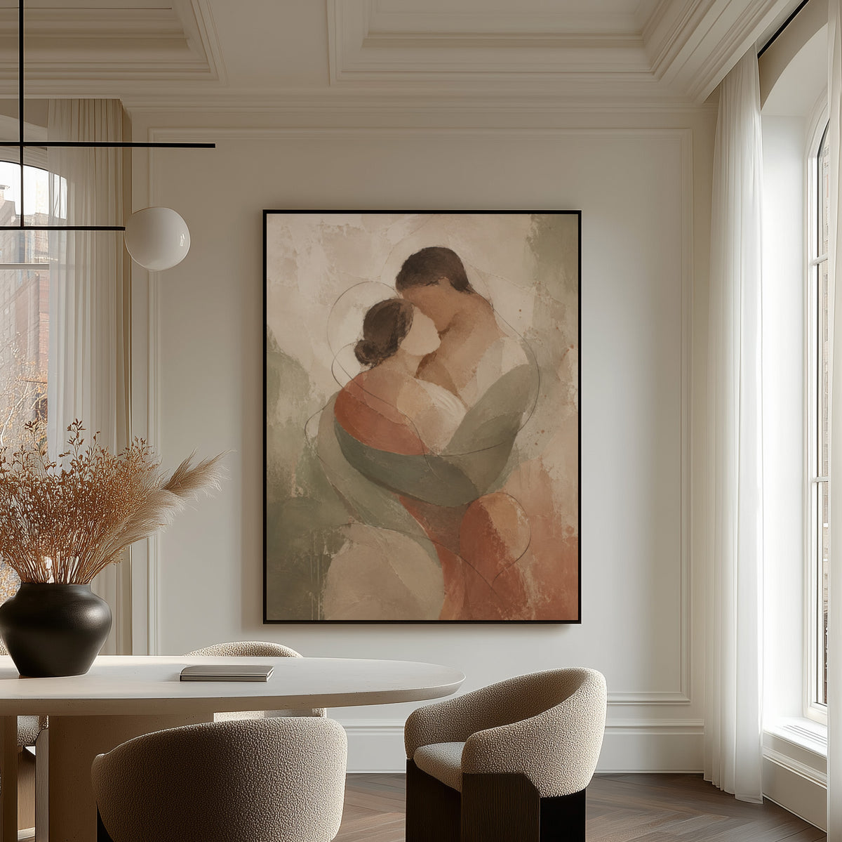 Romantic canvas wall art showing abstract embracing couple in sage green and rust on a pale ground