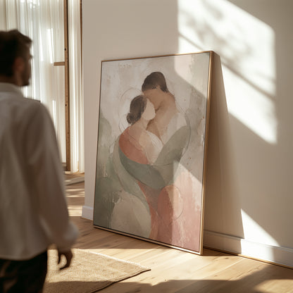 Boho canvas wall art showing abstract embracing couple in sage green and rust on a pale ground