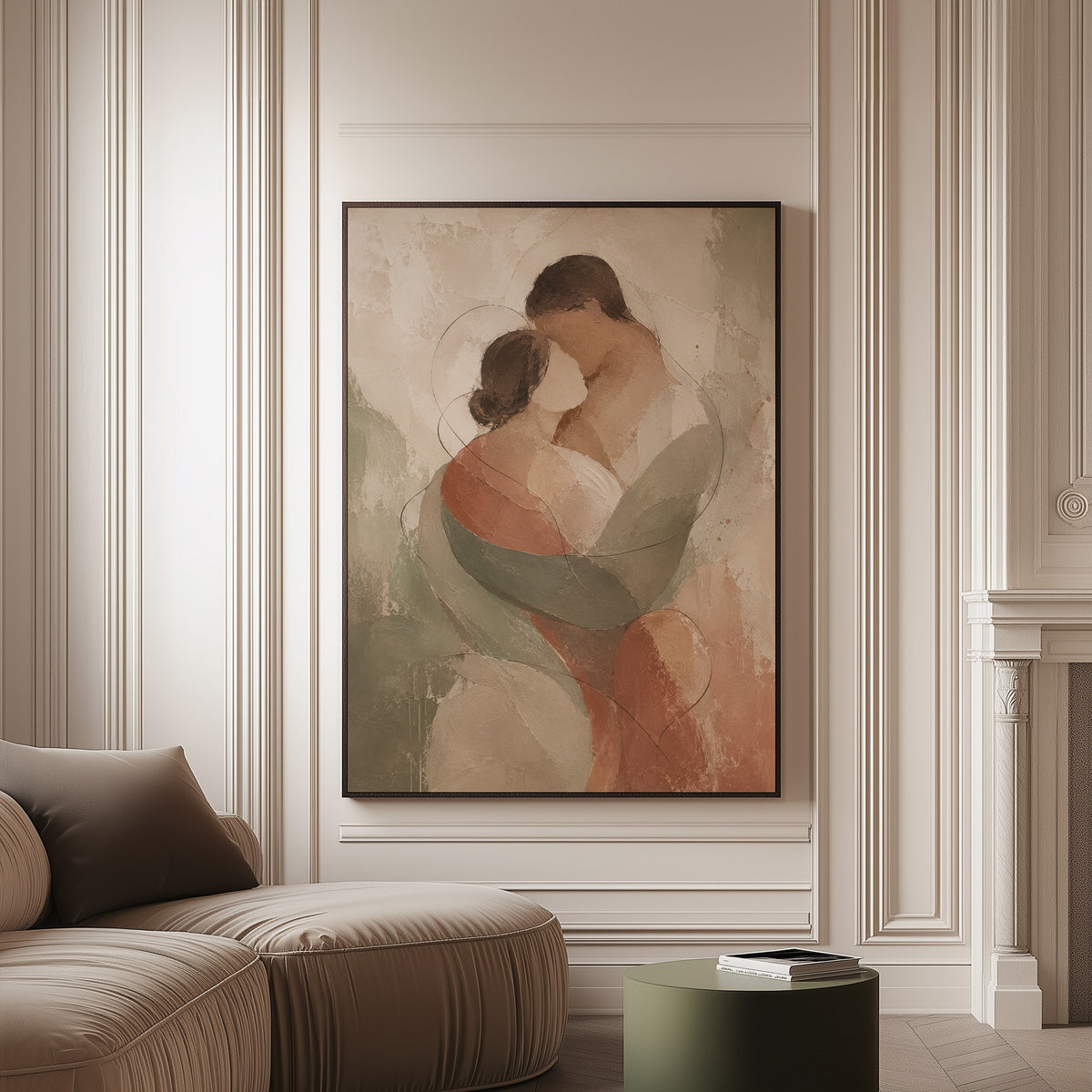 Abstract couple canvas wall art showing abstract embracing couple in sage green and rust on a pale ground