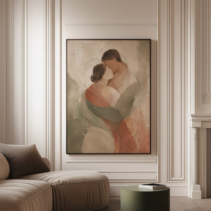 Abstract couple canvas wall art showing abstract embracing couple in sage green and rust on a pale ground