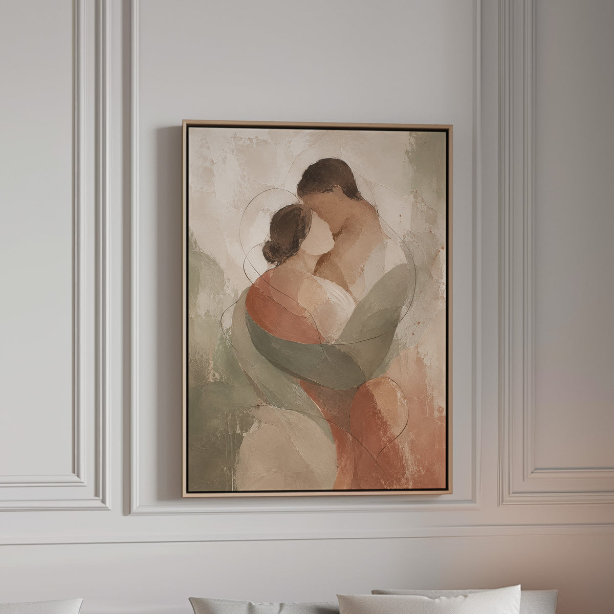 Abstract embracing couple in sage green and rust on a pale ground, canvas wall art