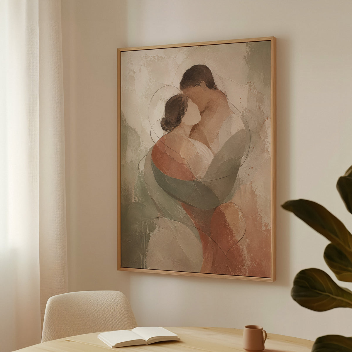 Quiet figurative canvas wall art showing abstract embracing couple in sage green and rust on a pale ground
