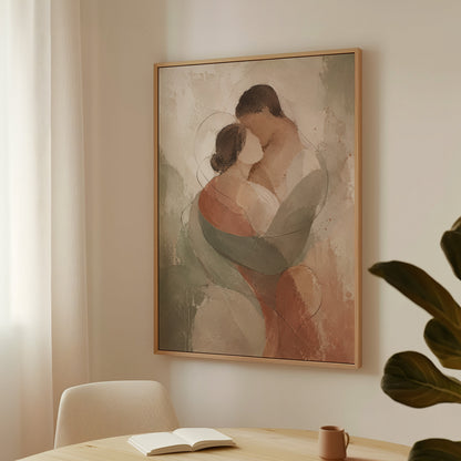 Quiet figurative canvas wall art showing abstract embracing couple in sage green and rust on a pale ground