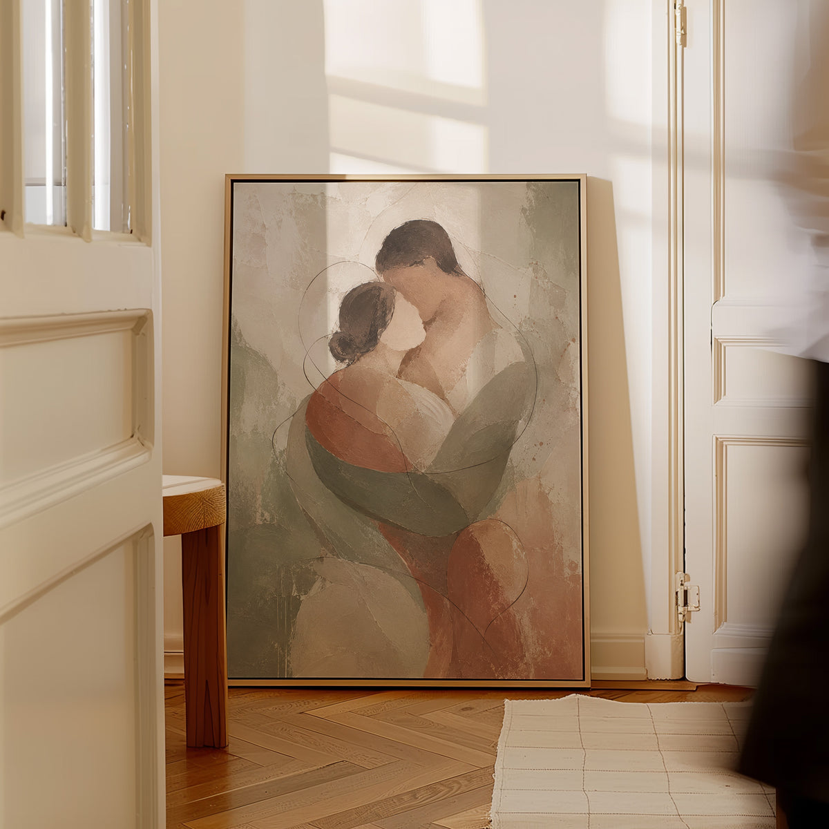 Abstract embracing couple in sage green and rust on a pale ground, canvas print