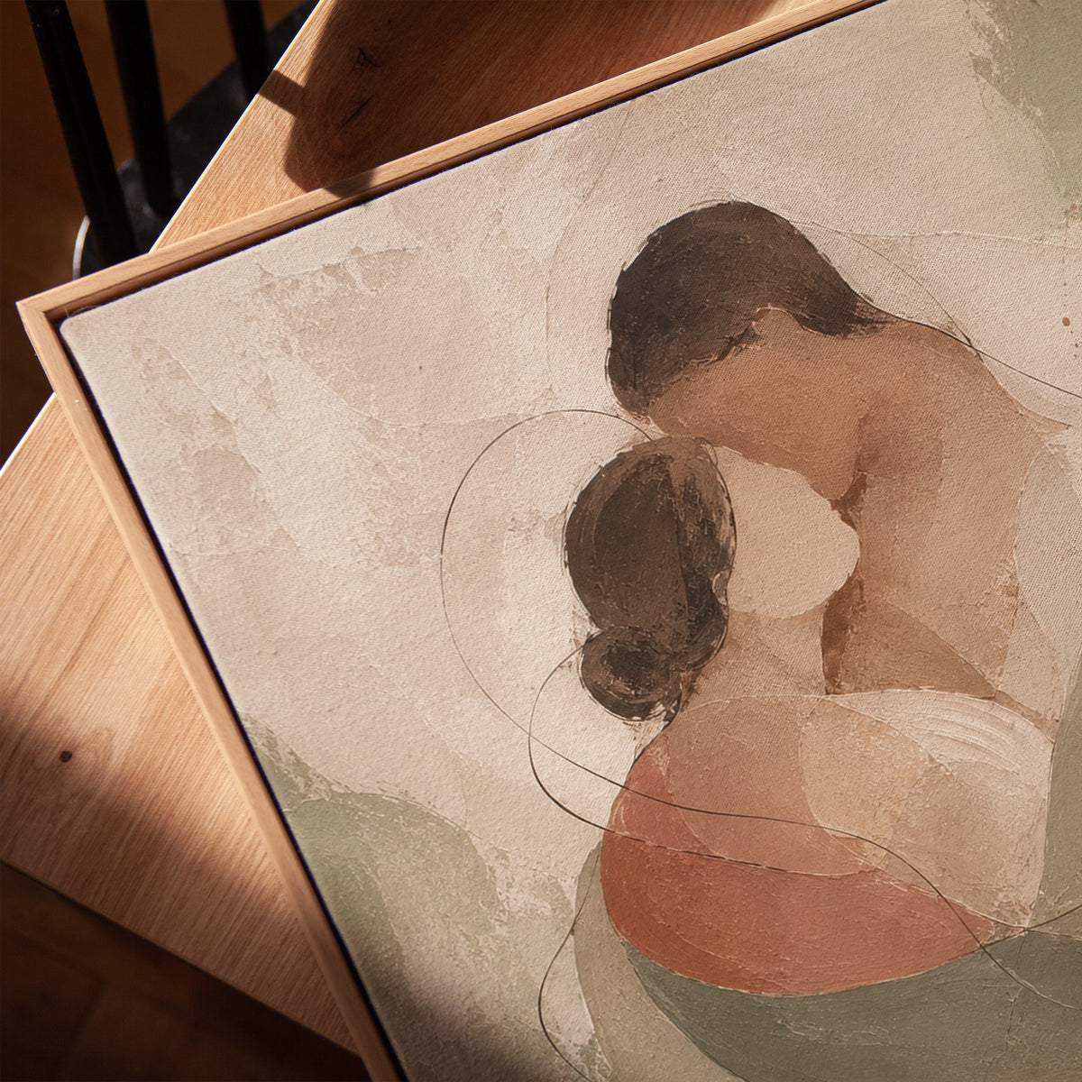 Abstract embracing couple in sage green and rust on a pale ground, vertical canvas print