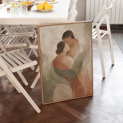 Figurative canvas wall art showing abstract embracing couple in sage green and rust on a pale ground