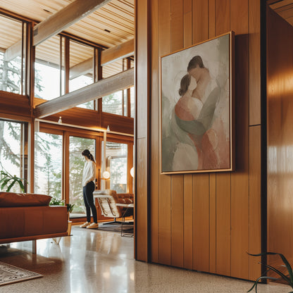 Line art canvas wall art showing abstract embracing couple in sage green and rust on a pale ground