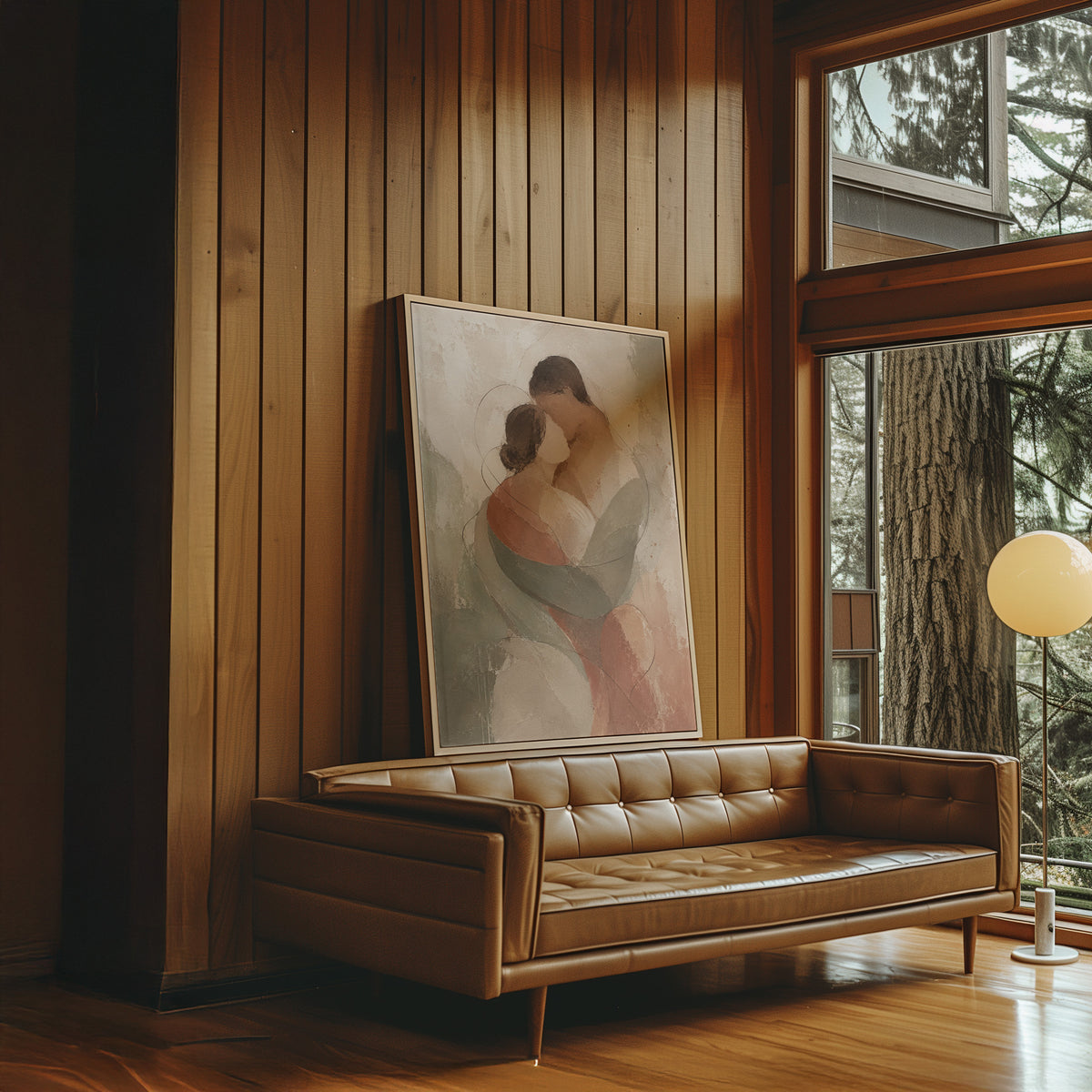 Modern canvas wall art showing abstract embracing couple in sage green and rust on a pale ground