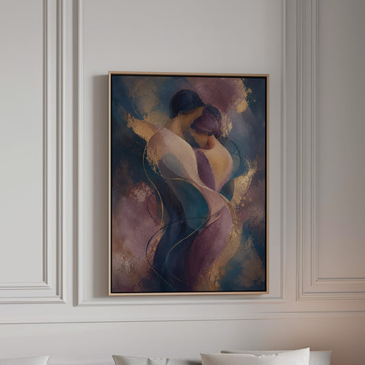 Abstract embracing couple in navy plum and gold with drawn gold lines, canvas wall art