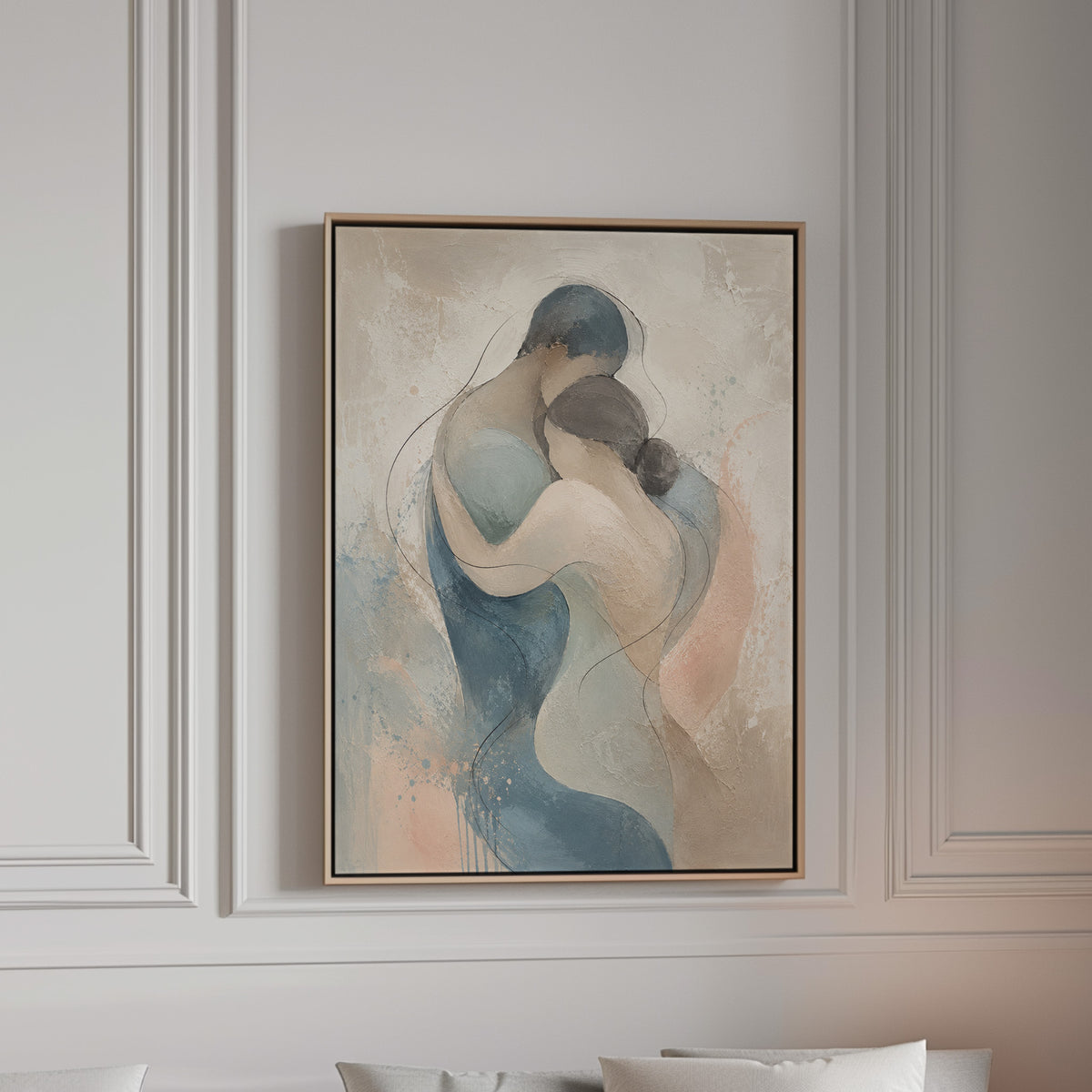 Abstract embracing couple in slate blue and blush on a pale ground, canvas wall art