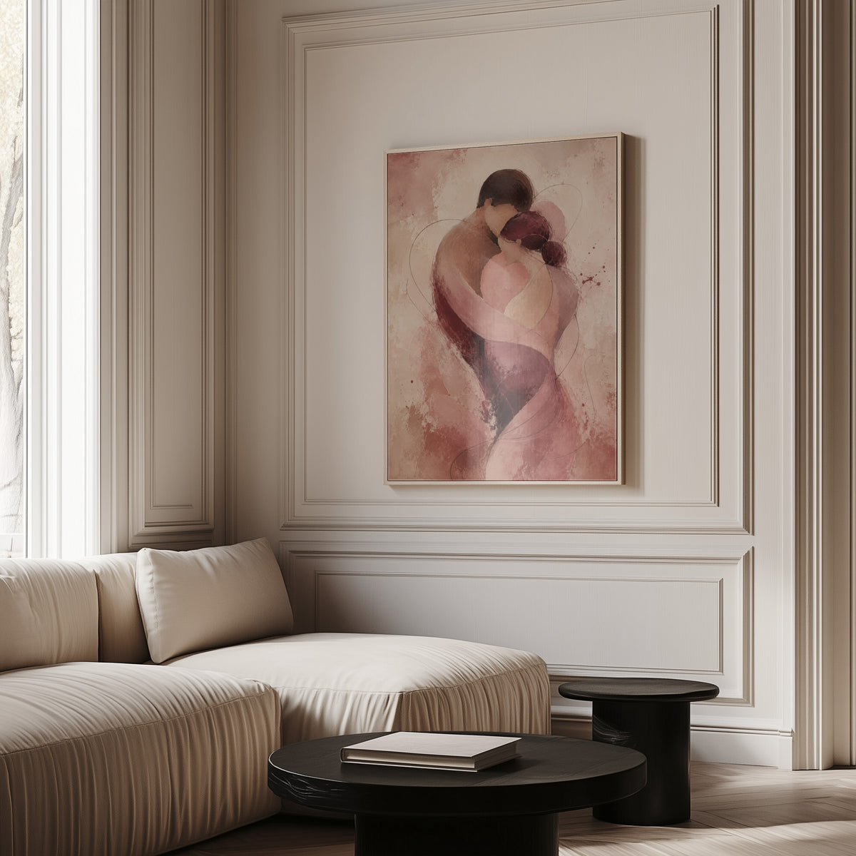 Line art canvas wall art showing abstract embracing couple in rose and burgundy twisting into a spiral