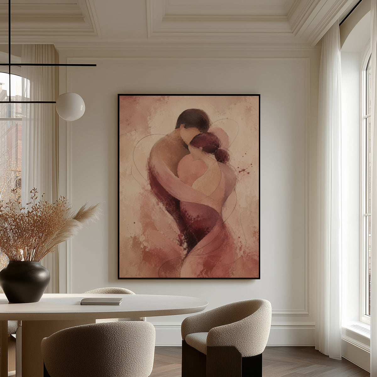 Modern canvas wall art showing abstract embracing couple in rose and burgundy twisting into a spiral