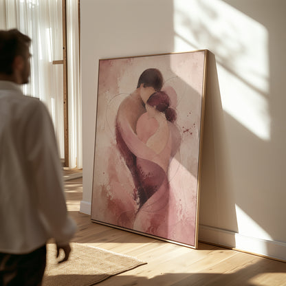 Figurative canvas wall art showing abstract embracing couple in rose and burgundy twisting into a spiral