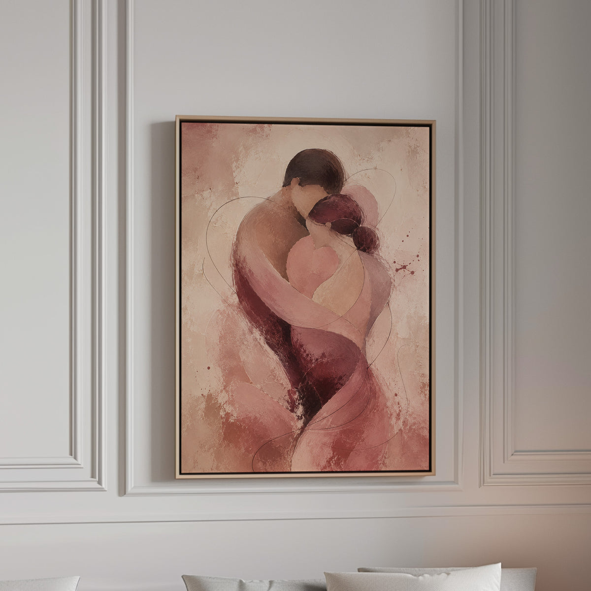 Abstract embracing couple in rose and burgundy twisting into a spiral, canvas wall art