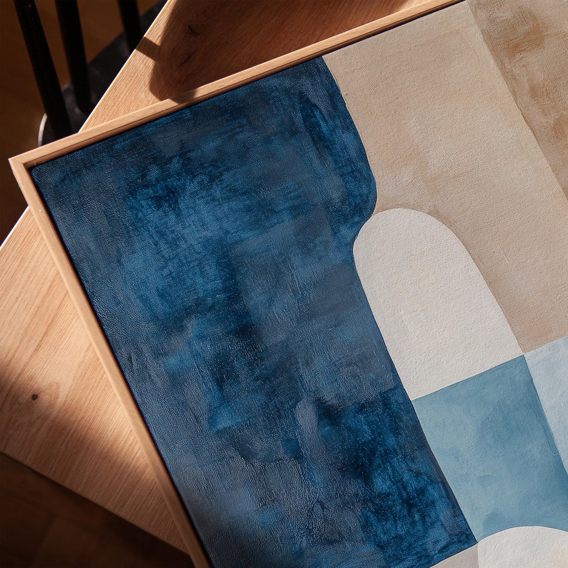 Blue Beige Abstract Canvas Art with Floating Frame