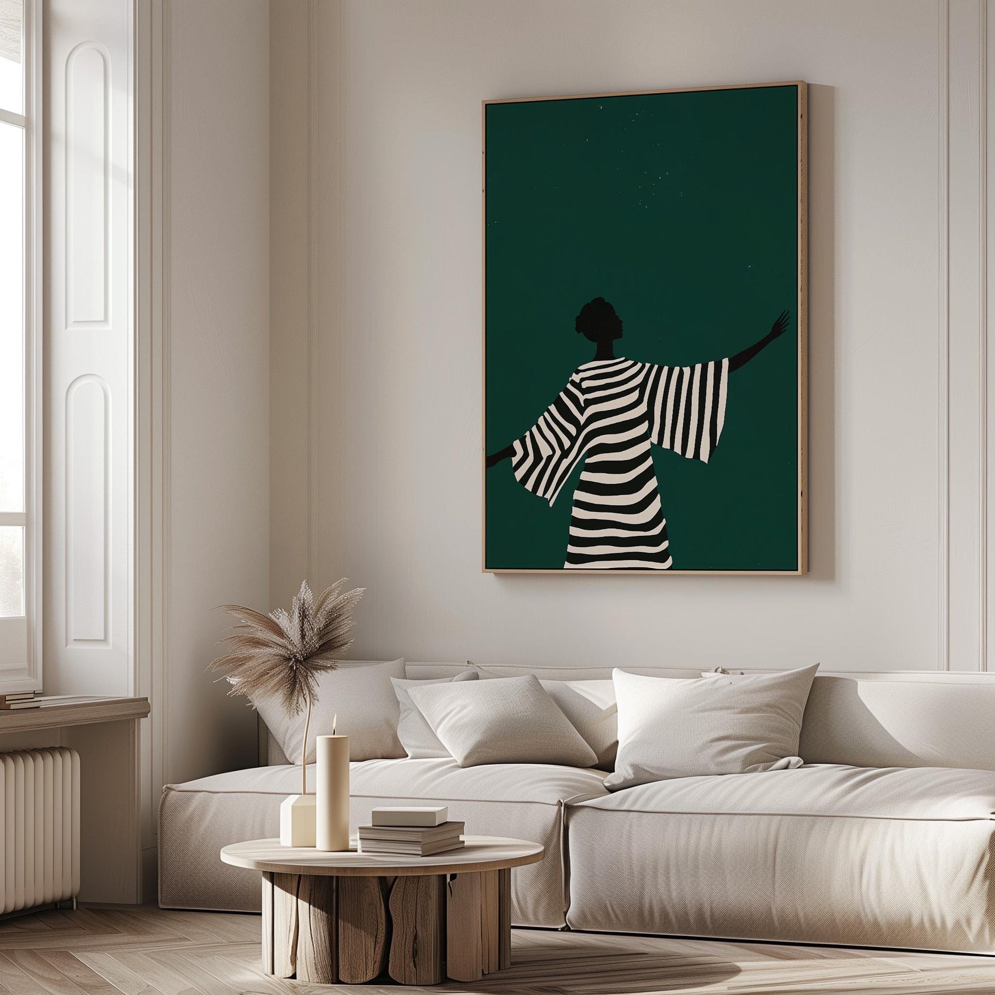 Minimalist Canvas Wall Art Black and White Woman Silhouette in Striped Dress Modern Large Print for Living Room or Bedroom