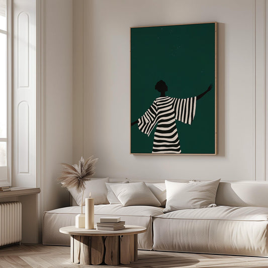 Minimalist Canvas Wall Art Black and White Woman Silhouette in Striped Dress Modern Large Print for Living Room or Bedroom