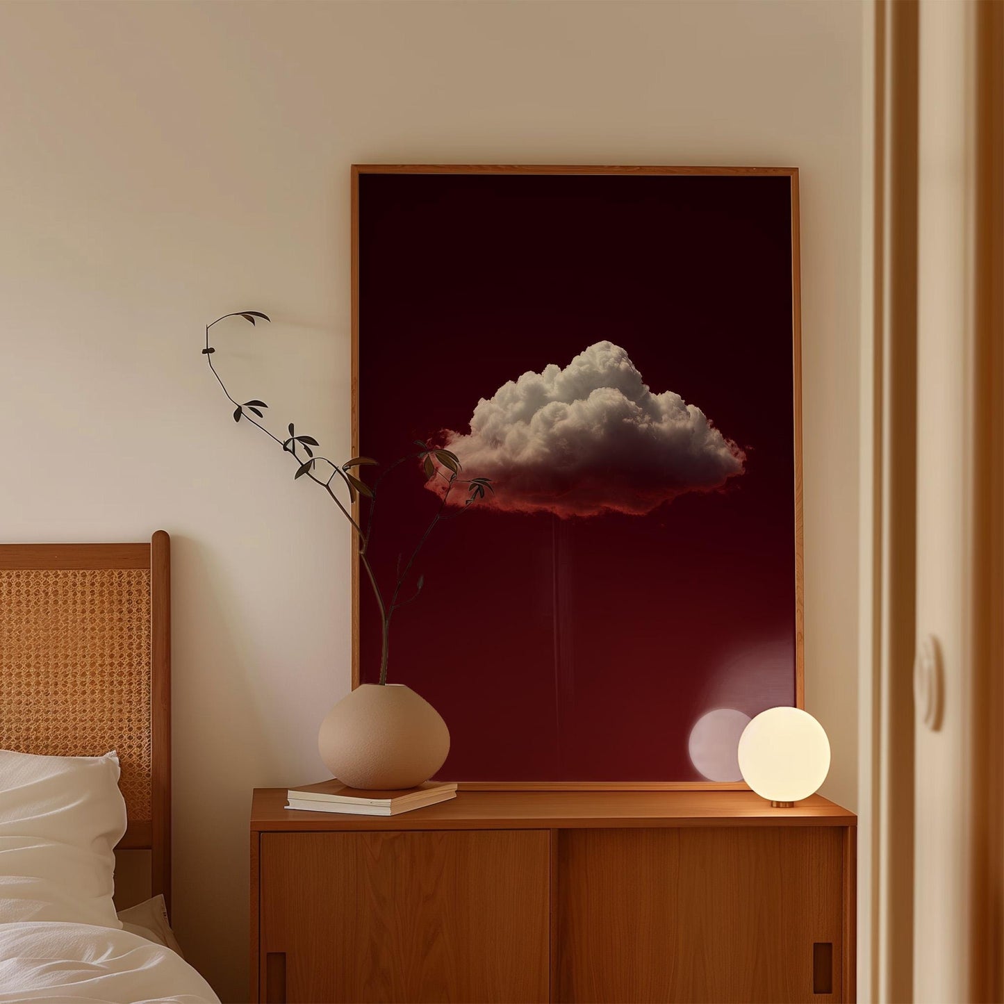 Minimalist Cloud Art Print – Deep Ruby Red Night Sky | Gallery Style Decor