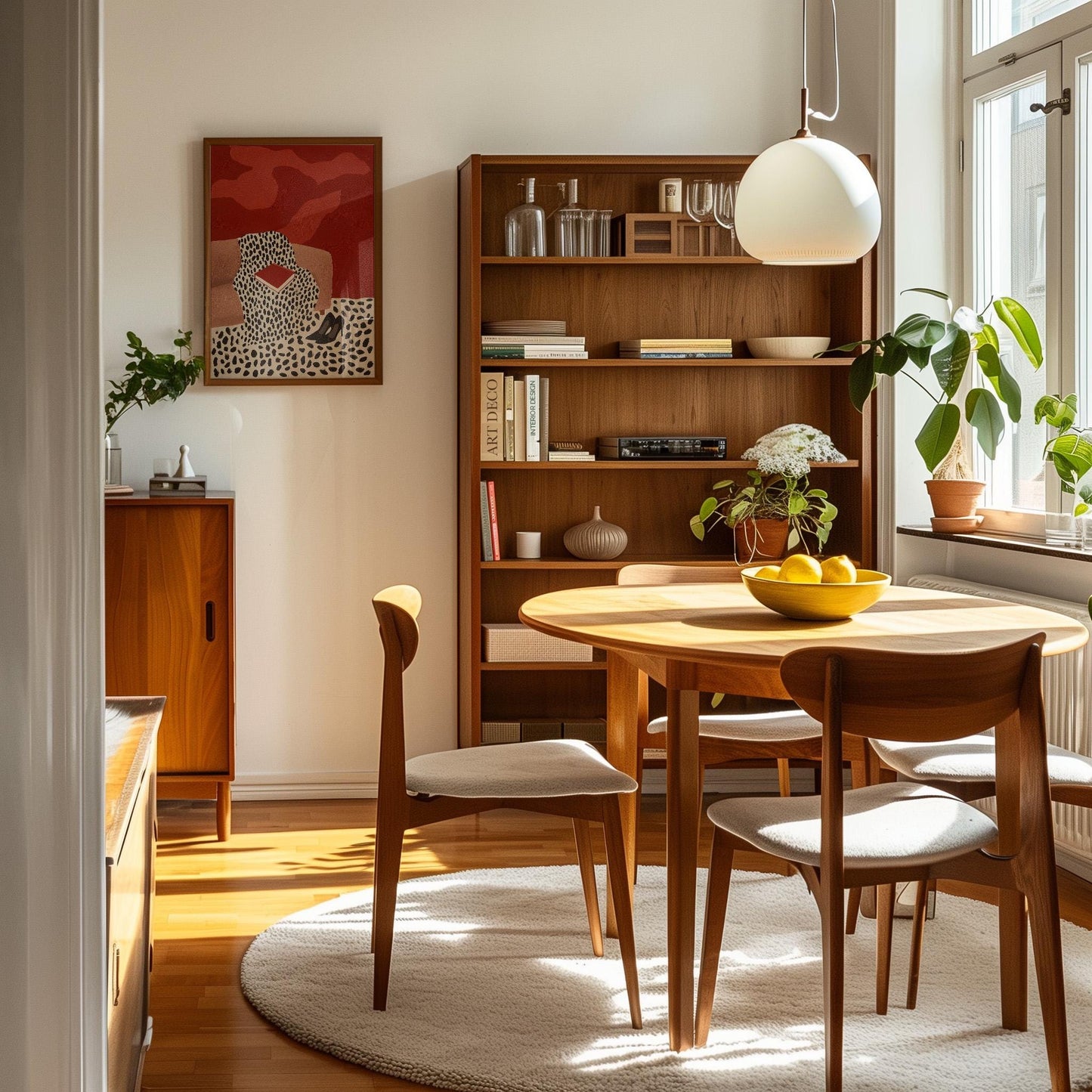 a cozy and well-furnished dining room with a wooden table, chairs, a bookshelf, and a painting on the wall.