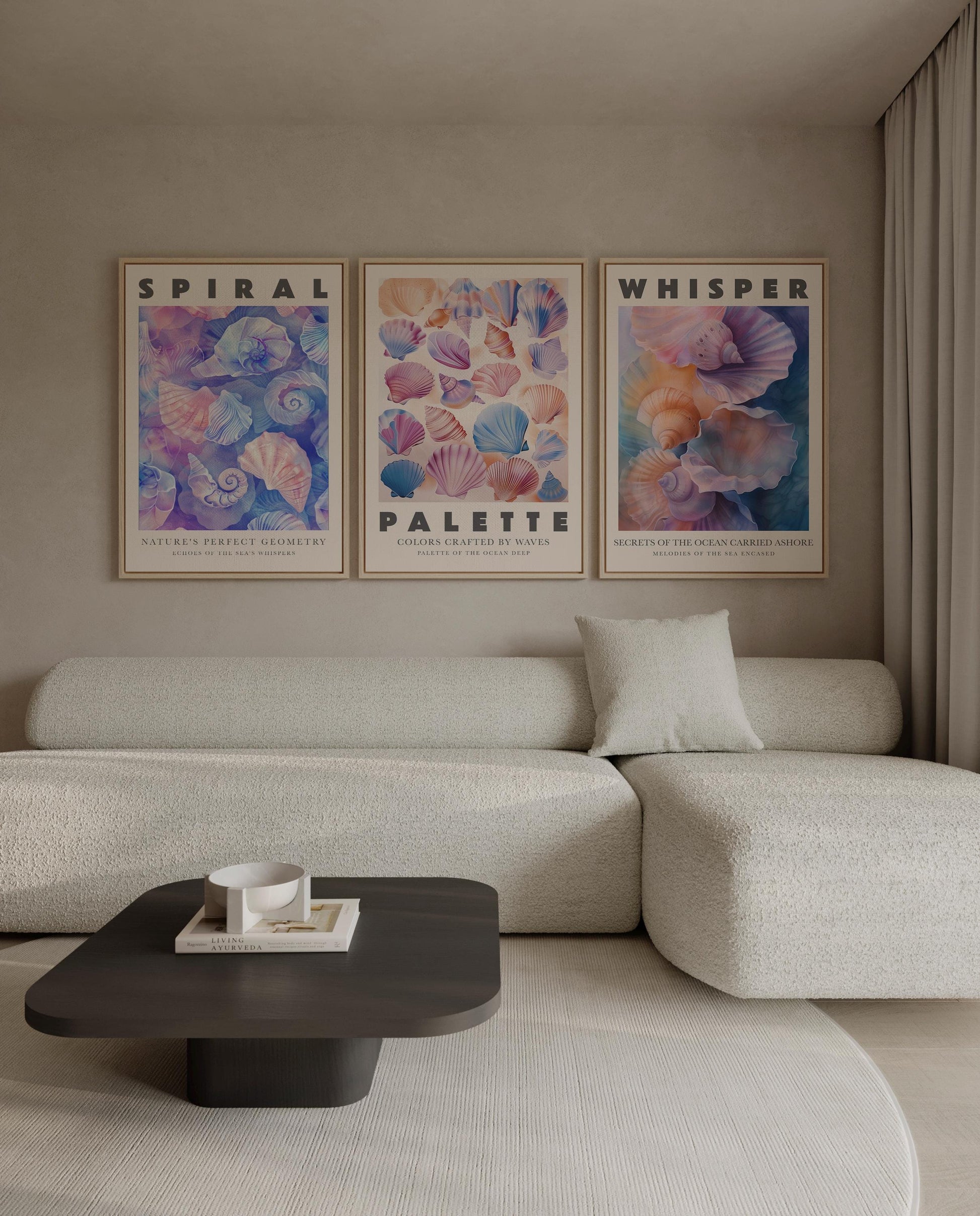 Coastal Seashell Canvas Wall Art Set of 3 Ocean Inspired Prints Spiral Shells Pastel Beach Decor for Living Room or Bedroom