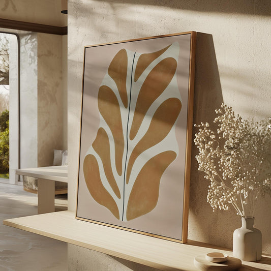 Giclée Canvas Print Abstract Leaf Form in Mustard and Cream Minimalist Modern Wall Art Organic Shape Painting for Living Room or Bedroom