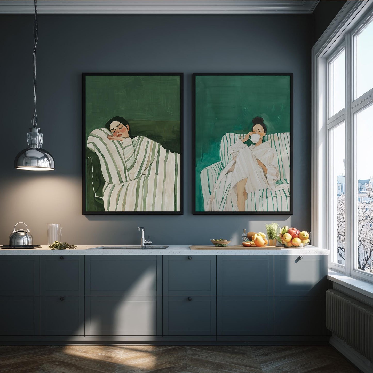 Emerald Green Wall Art - Sleeping Woman Painting | Set of Two Canvases, Modern Canvas Art