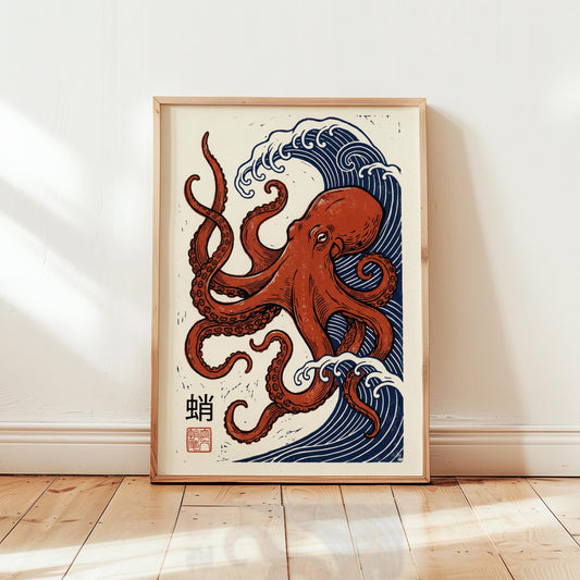 Octopus Art Print – Japanese Woodblock Print Coastal Wall Decor with Wave Art Poster