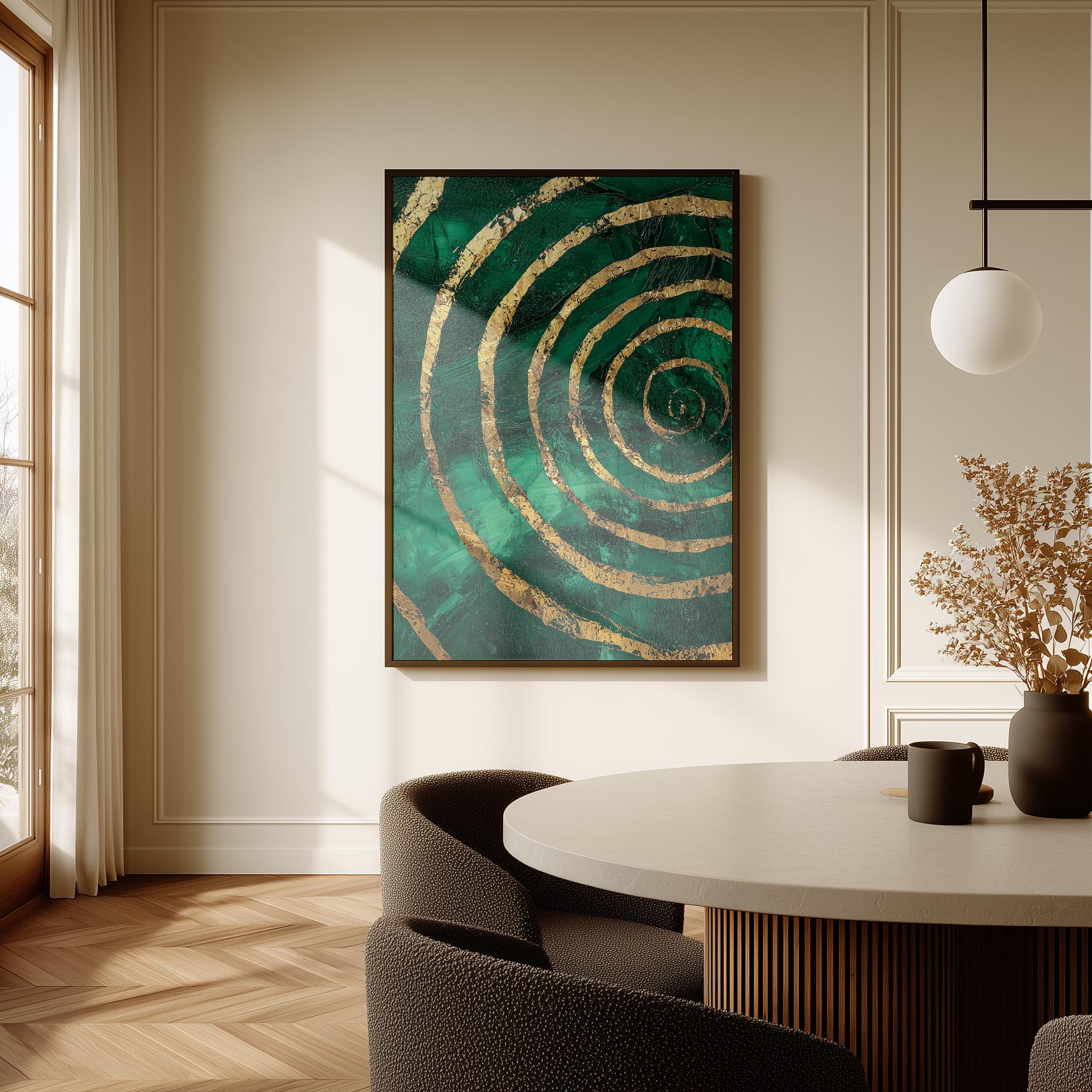 Emerald Green Spiral Giclée Canvas Print with Gold Accents, Modern Textured Abstract Wall Art for Living Room or Office