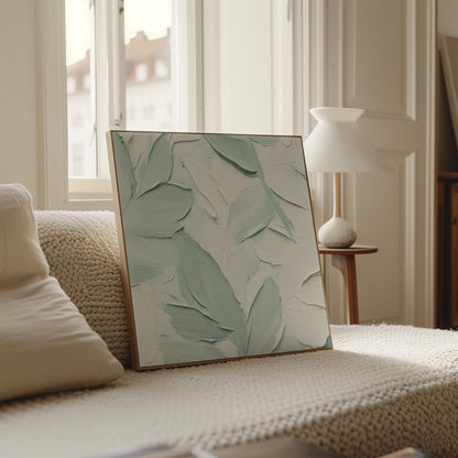 Sage Green Canvas Art – Minimalist Botanical Wall Art with Floating Wood Frame