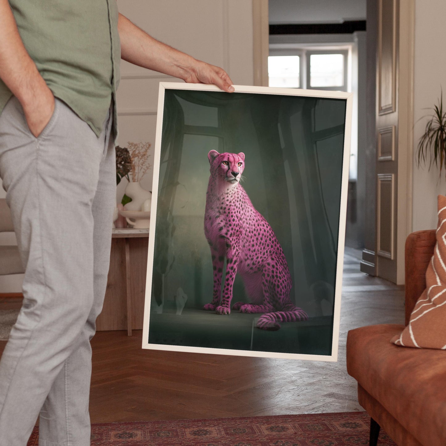 Pink Cheetah Wall Art - Emerald Green Maximalist Framed Canvas Print